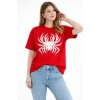 Örümcek Baskılı Tişört Kısa Kollu Bisiklet Yaka T-shirt - Kırmızı