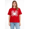 Örümcek Baskılı Tişört Kısa Kollu Bisiklet Yaka T-shirt - Kırmızı