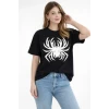 Örümcek Baskılı Tişört Kısa Kollu Bisiklet Yaka T-shirt - Siyah