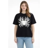Örümcek Baskılı Tişört Kısa Kollu Bisiklet Yaka T-shirt - Siyah