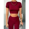 Osy Modal Yumuşak Dokulu Kumaş Kısa Kollu Crop Alt İspanyol Paça Pantalon İkili Takım - Bordo