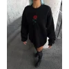 Oversize Üç İplik Bisiklet Yaka Baskılı Sweatshirt - Siyah