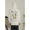 Oversize Üç İplik Şardonlu Kapüşonlu Sweatshirt – Beyaz “other Lives” Ön Ve Arka Baskılı, Kanguru Cepli, Ribanalı Rahat Kışlık Model Beyaz