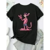 Pembe Panter Baskılı Oversize Bisiklet Yaka T-shirt - Beyaz