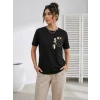 Sevimli Kedi Cep Baskılı Tişört Kısa Kol Yazlık T-shirt - Siyah