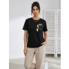 Sevimli Kedi Cep Baskılı Tişört Kısa Kol Yazlık T-shirt - Siyah