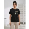 Sevimli Kedi Cep Baskılı Tişört Kısa Kol Yazlık T-shirt - Siyah