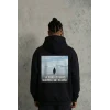 Siyah Oversize Hoodie - Sırt Baskılı Survivor Penguin Temalı, Felsefi Yazılı Kapüşonlu Sweatshirt - Siyah