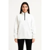 Üç İplik Dık Yaka Yarım Fermuarlı Sweatshirt - Beyaz