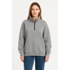 Üç İplik Dık Yaka Yarım Fermuarlı Sweatshirt - Gri