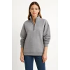Üç İplik Dık Yaka Yarım Fermuarlı Sweatshirt - Gri