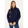 Üç İplik Dık Yaka Yarım Fermuarlı Sweatshirt - Lacivert