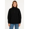 Üç İplik Dık Yaka Yarım Fermuarlı Sweatshirt - Siyah