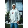 Üç İplik Kapşonlu Baskılı Oversize Sweatshirt- Beyaz