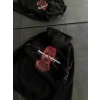 Üç İplik Kapşonlu Baskılı Oversize Sweatshirt- Siyah