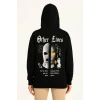 Üç İplik Kapşonlu Ön Ve Arka Baskılı Sweatshirt Hoodie- Siyah