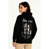 Üç İplik Kapşonlu Ön Ve Arka Baskılı Sweatshirt Hoodie- Siyah