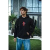 Üç İplik Kapüşonlu Baskılı Oversize Sweatshirt- Siyah