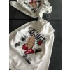 Üç İplik Penye Uzun Kol Kapşonlu Baskılı Sweatshirt - Beyaz
