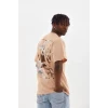 Unisex Baskılı Oversize T-shirt - Bej