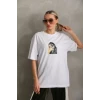 Unisex Baskılı Oversize T-shirt - Beyaz