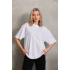 Unisex Bisiklet Yaka 20/1 Düz Oversize T-shirt - Beyaz