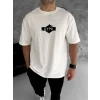 Unisex Bisiklet Yaka Baskılı Double Oversize T-shirt - Beyaz