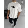 Unisex Bisiklet Yaka Baskılı Double Oversize T-shirt - Beyaz