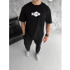 Unisex Bisiklet Yaka Baskılı Double Oversize T-shirt - Siyah