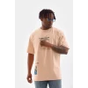 Unisex Bisiklet Yaka Baskılı Oversize T-shirt - Bej