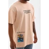 Unisex Bisiklet Yaka Baskılı Oversize T-shirt - Bej