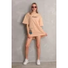 Unisex Bisiklet Yaka Baskılı Oversize T-shirt - Bej