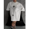 Unisex Bisiklet Yaka Baskılı Oversize T-shirt - Beyaz