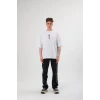 Unisex Bisiklet Yaka Baskılı Oversize T-shirt - Beyaz