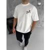 Unisex Bisiklet Yaka Baskılı Oversize T-shirt - Beyaz