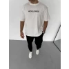 Unisex Bisiklet Yaka Baskılı Oversize T-shirt - Beyaz