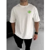 Unisex Bisiklet Yaka Baskılı Oversize T-shirt - Beyaz