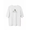 Unisex Bisiklet Yaka Baskılı Oversize T-shirt - Beyaz