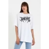 Unisex Bisiklet Yaka Baskılı Oversize T-shirt - Beyaz