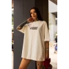 Unisex Bisiklet Yaka Baskılı Oversize T-shirt - Beyaz