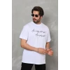 Unisex Bisiklet Yaka Baskılı Oversize T-shirt - Beyaz
