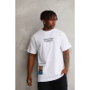 Unisex Bisiklet Yaka Baskılı Oversize T-shirt - Beyaz