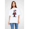 Unisex Bisiklet Yaka Baskılı Oversize T-shirt - Beyaz