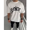 Unisex Bisiklet Yaka Baskılı Oversize T-shirt - Beyaz