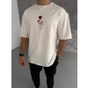 Unisex Bisiklet Yaka Baskılı Oversize T-shirt - Beyaz