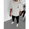 Unisex Bisiklet Yaka Baskılı Oversize T-shirt - Beyaz