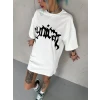 Unisex Bisiklet Yaka Baskılı Oversize T-shirt - Beyaz