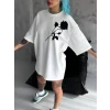Unisex Bisiklet Yaka Baskılı Oversize T-shirt - Beyaz
