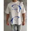 Unisex Bisiklet Yaka Baskılı Oversize T-shirt - Beyaz