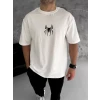 Unisex Bisiklet Yaka Baskılı Oversize T-Shirt - Beyaz